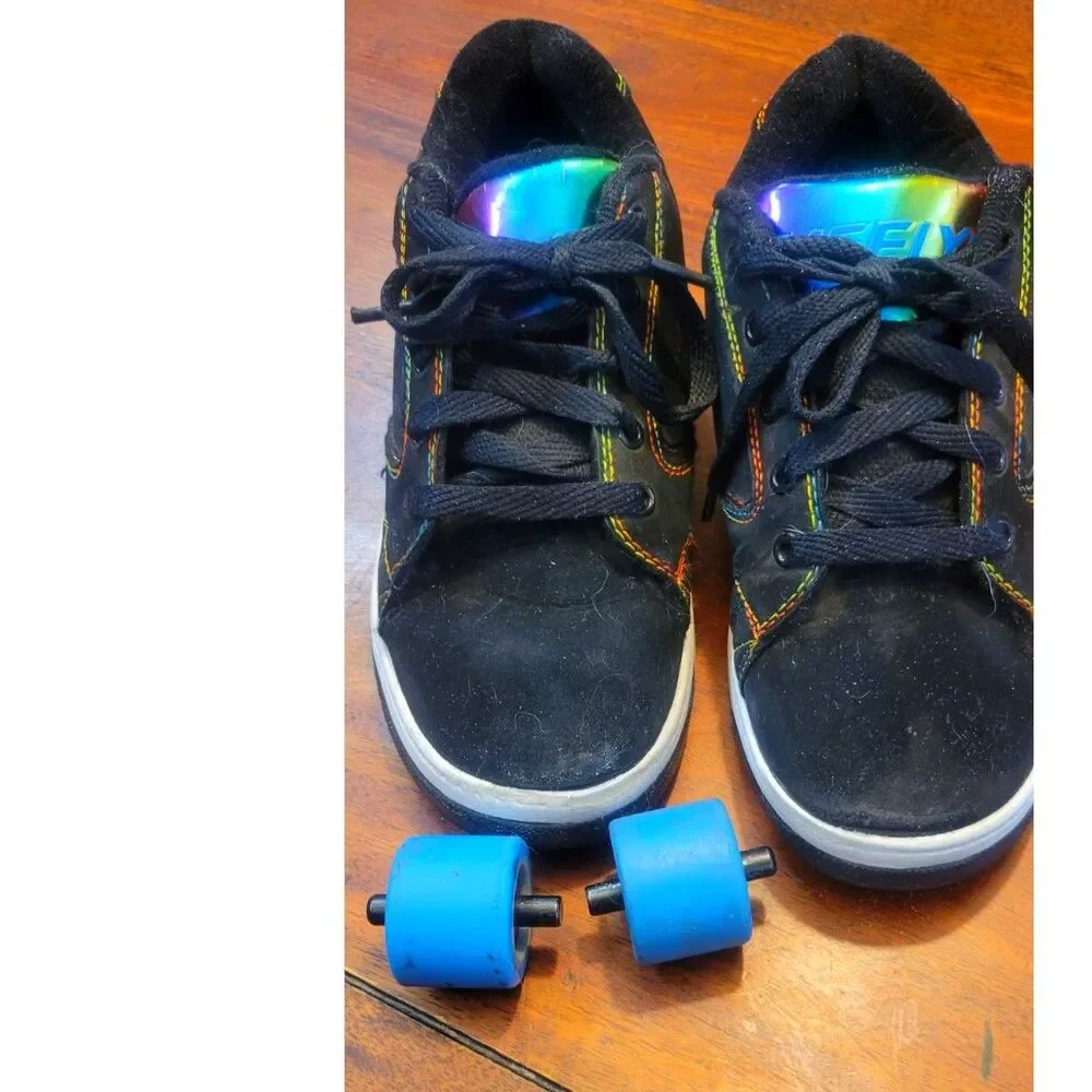 Heelys Propel 2.0 Black Skate Shoes with Iridescent Rainbow Tongue & Blue Wheels
